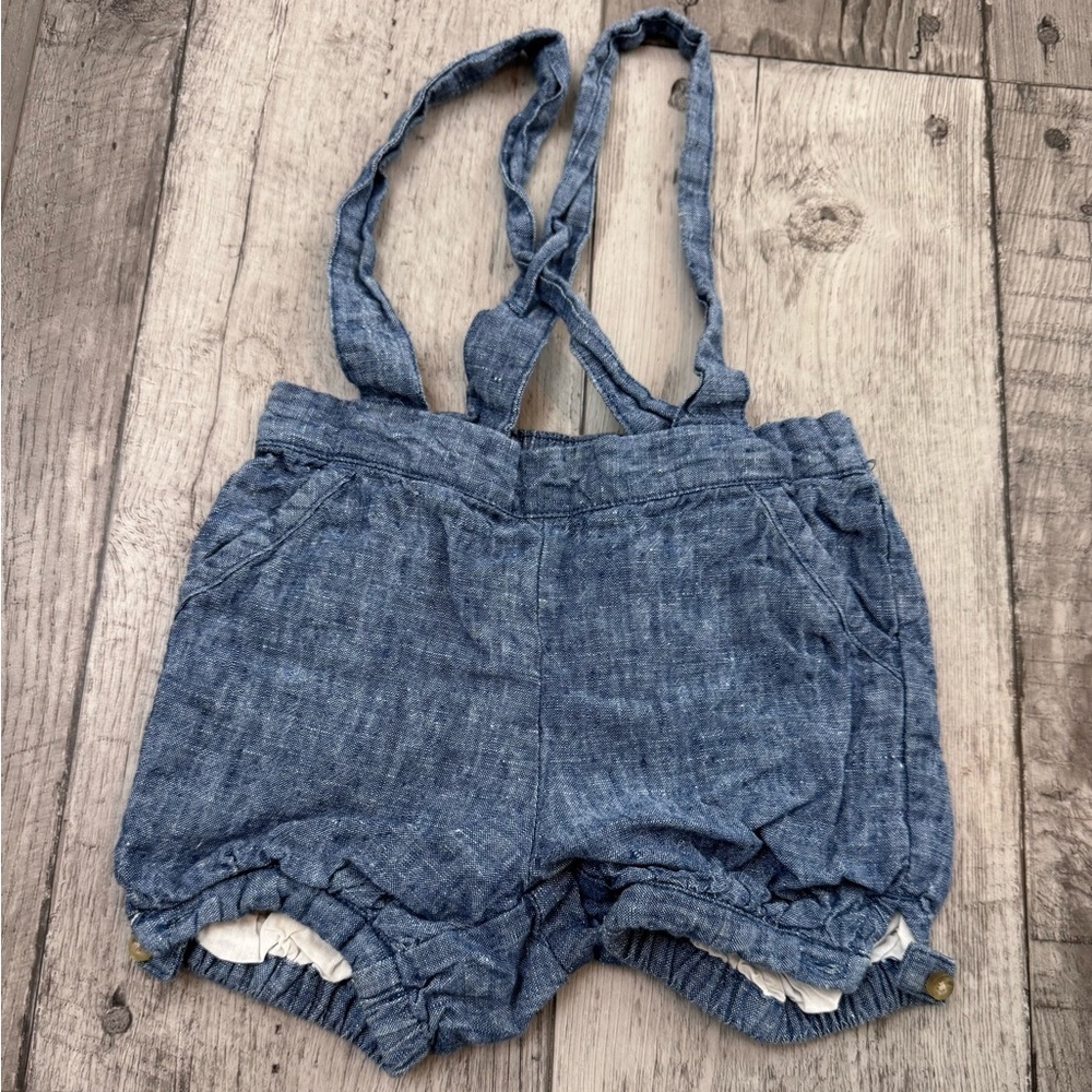 JANIE AND JACK Blue Linen Chambray Denim Suspender Shorts 12-18 Overalls Shorts